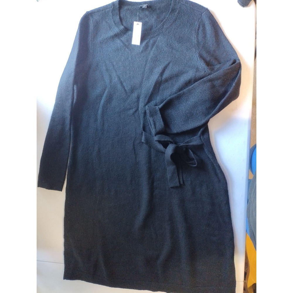 Talbots Petite LP Black Metallic Knit Sweater Dress Long Sleeve Tie Belt‎